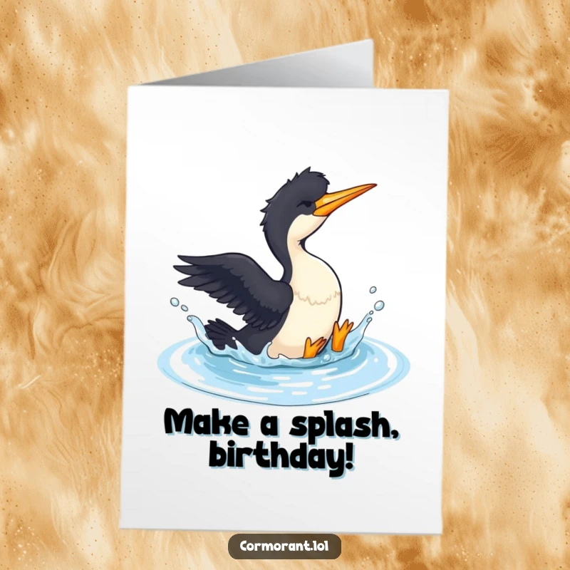 Funny Free Printable Birthday Card: Cormorant Playfully Splashing in a Small Pool of Water