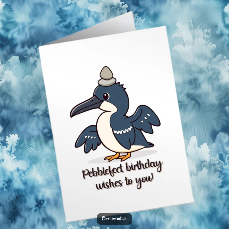 Funny Free Printable Birthday Card: Kawaii cormorant concentrating hard to balance a pebble on its head, quirky humor.