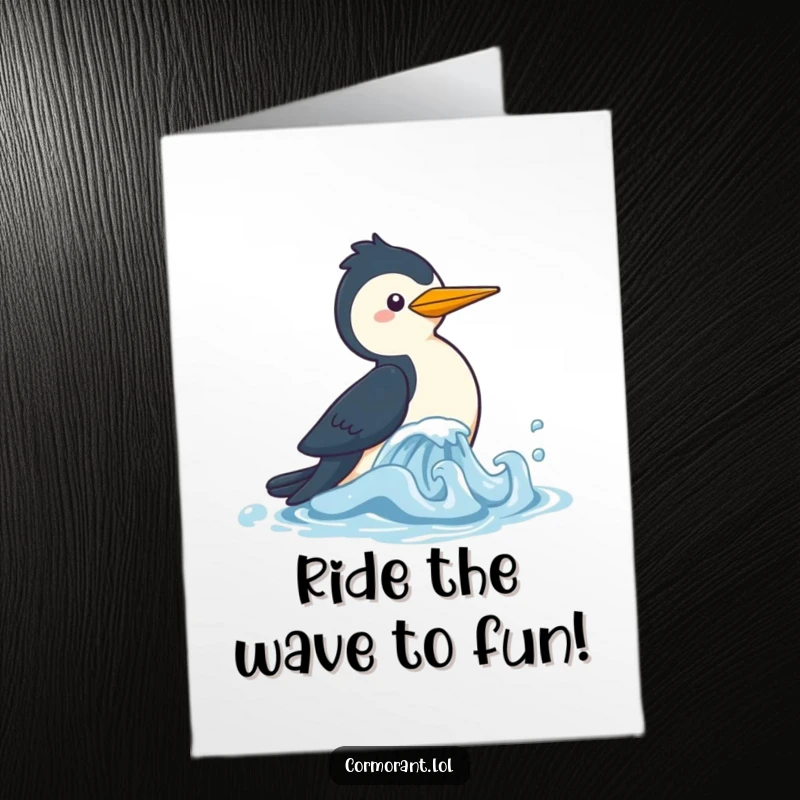 Fun Free Printable Birthday Card: Kawaii cormorant energetically chasing a small, bobbing ocean wave with a happy expression.