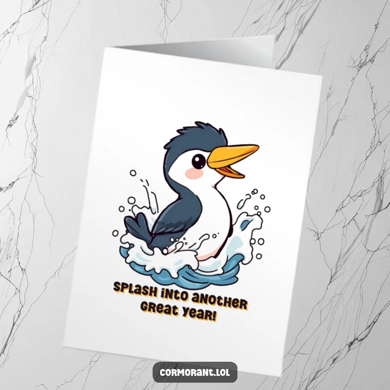Funny free printable birthday card: A joyful cormorant character gleefully splashing in vibrant, stylized ocean waves.