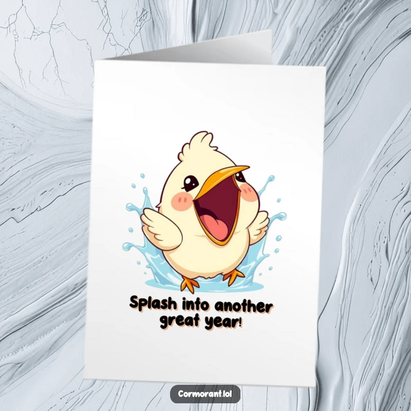 Free Printable Birthday Card: Cute bird with mouth wide open caught mid-splash, pure happy excitement.