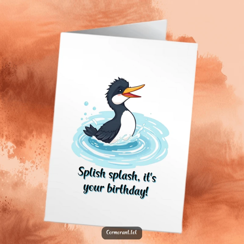 Funny Free Printable Cormorant Birthday Card: A playful cormorant splashes happily in a bubbly azure pond, celebrating joyfully.