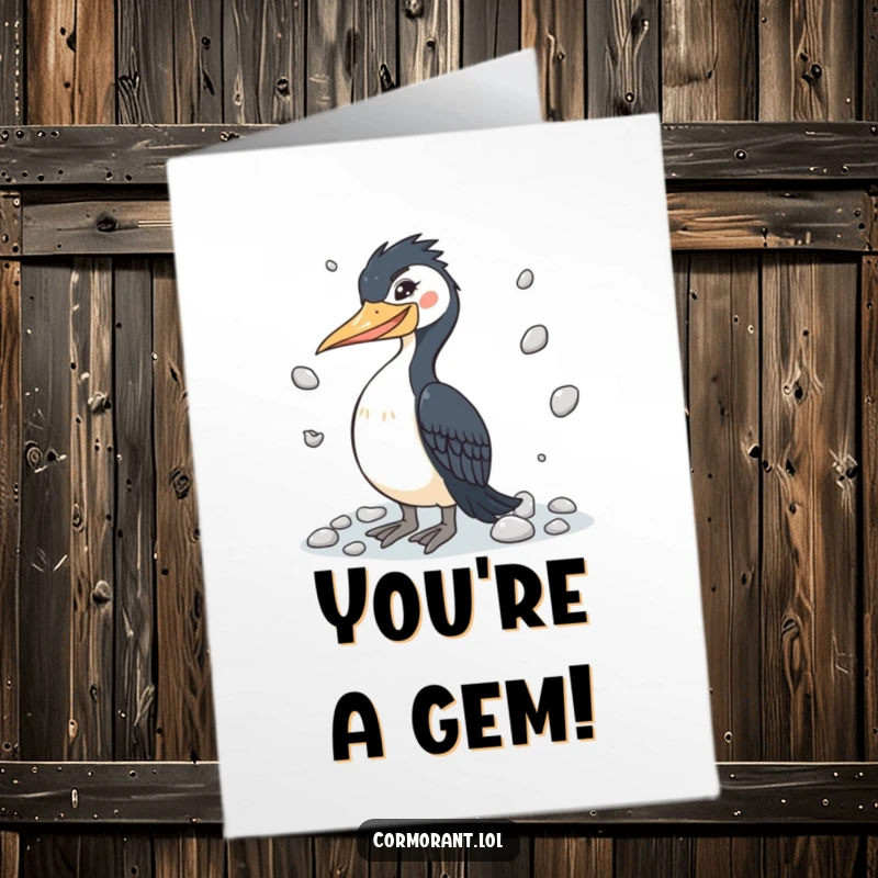 Funny Free Printable Birthday Card showing a cormorant winking while skillfully juggling shiny pebbles with zest.
