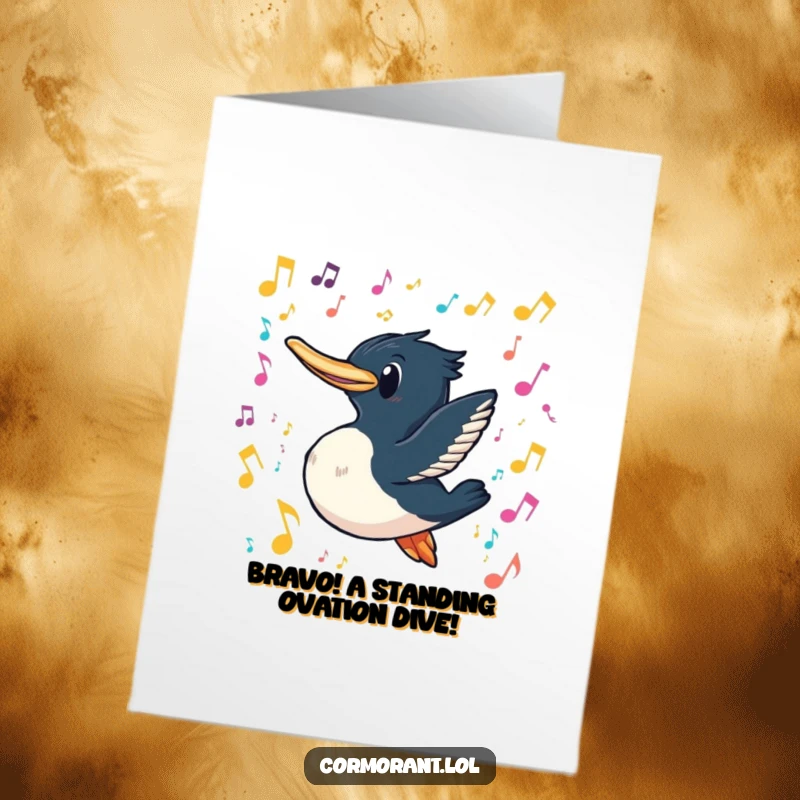 Funny Free Printable Congrats Card: A cormorant grins widely while swimming through floating musical notes, celebrating a success.