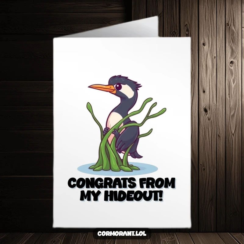 Funny free printable congratulations card: A cormorant peeks playfully from behind a strand of floating seaweed.