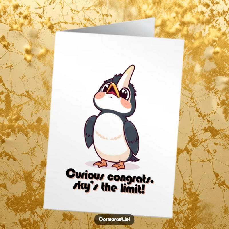 Funny free printable congratulations card: a kawaii cormorant gazes skyward with wide, curious eyes and a happy tilt.