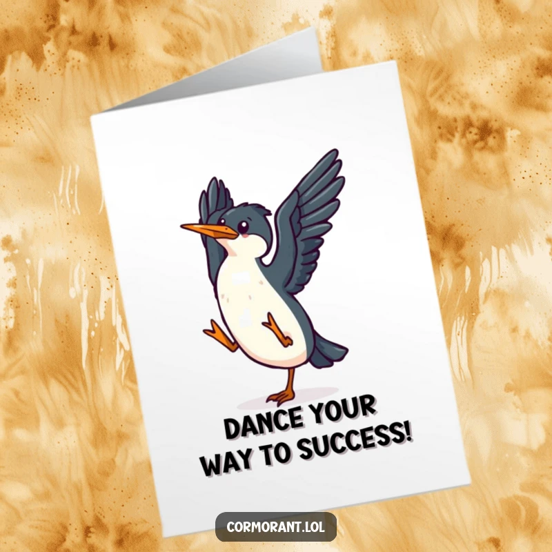 Free Printable Congratulations Card: A small, ecstatic kawaii cormorant flaps its wings energetically in a joyful dance, celebrating a wonderful milestone.