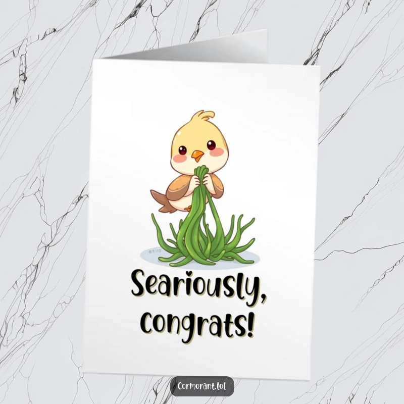 Funny Free Printable Congratulations Card showing a bird playfully wrestling with a strand of seaweed, celebrating a fun victory.