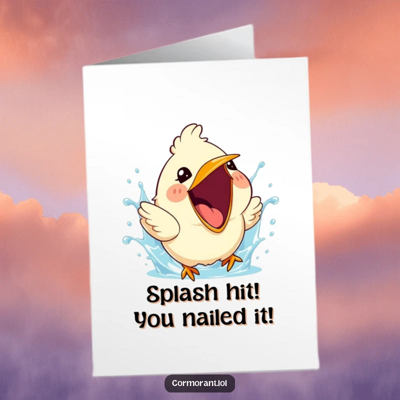 Free Printable Congrats Card: A cute bird in a cheerful splash, beak open wide celebrating a triumph.