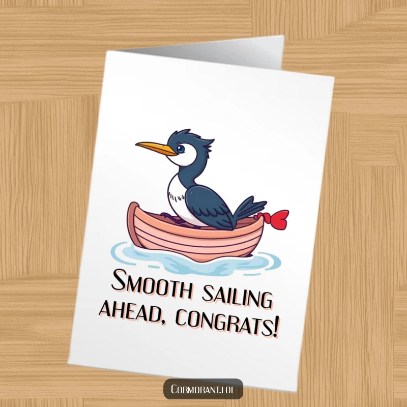 Funny Free Printable Congratulations Card: A cormorant sails happily in a small, whimsical boat.