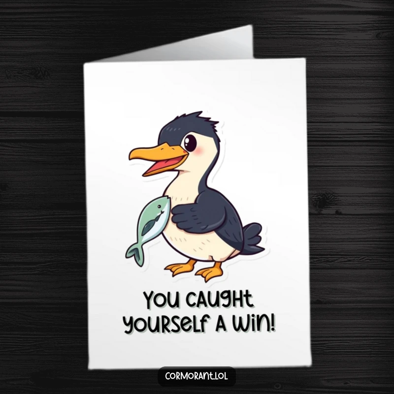 Free printable congratulations card of a cormorant smiling while holding a shiny fish in its beak, signifying success.