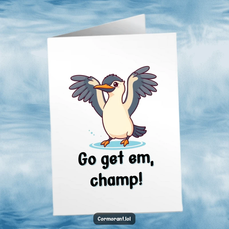 Free printable congratulations card of a cormorant with wings spread, about to make a playful dive, symbolizing a joyful leap.