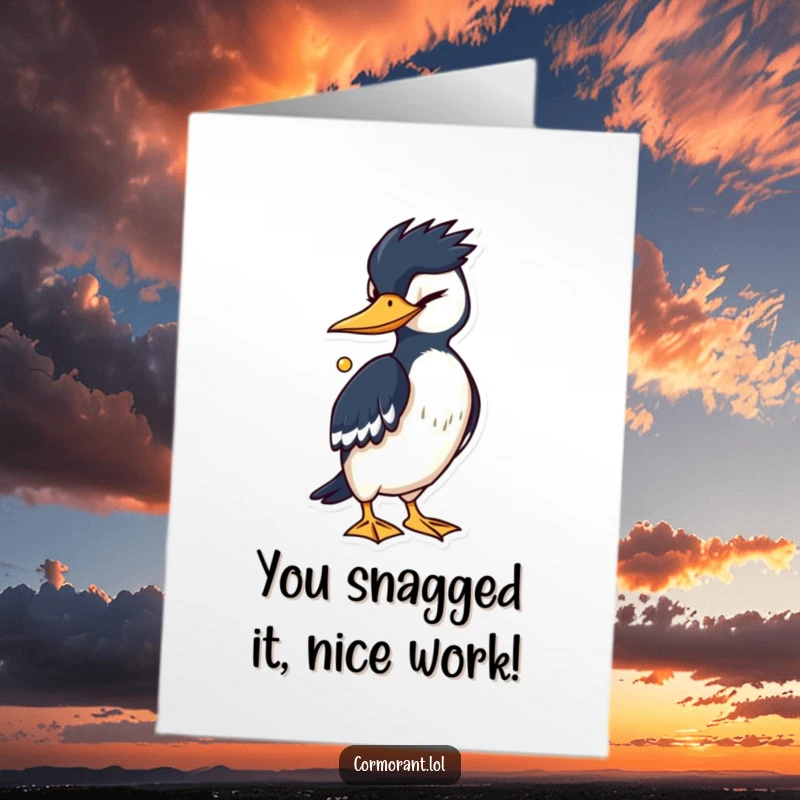 Humorous free printable congratulations card of a cormorant winking mischievously with a shiny item.
