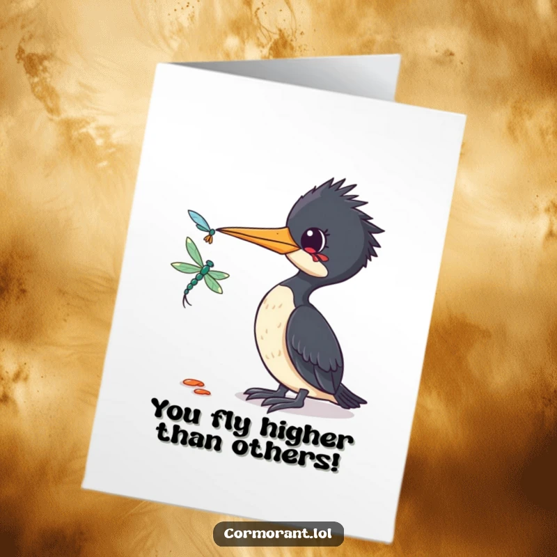 Funny Free Printable Congratulations Card: Cormorant curiously tilts its head at a dragonfly. A moment of wonder, humorous bird art.