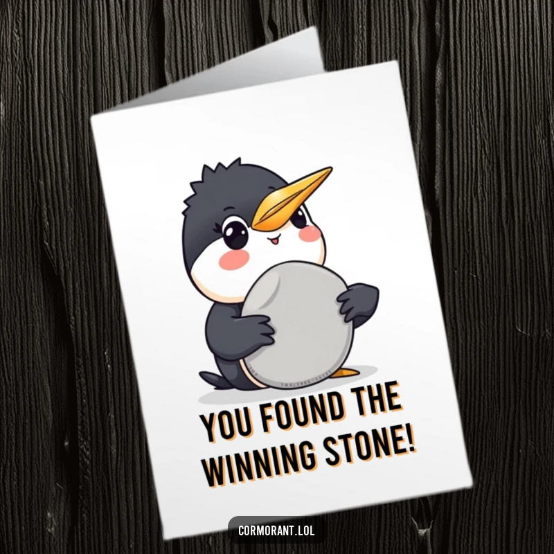 Funny Free Printable Congratulations Card: A smiling cormorant presents a smooth grey pebble as a congratulatory gift. Heartwarming and humorous.