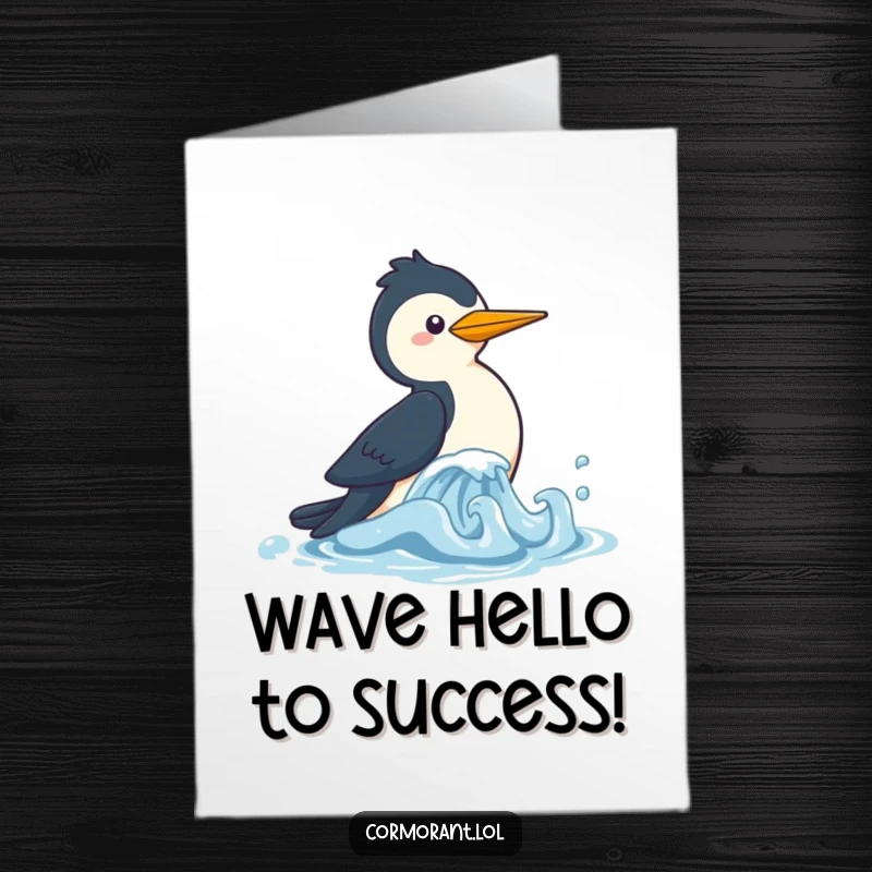 Joyful Free Printable Congrats Card: A cute kawaii cormorant playfully leaping after a small, bobbing blue wave.