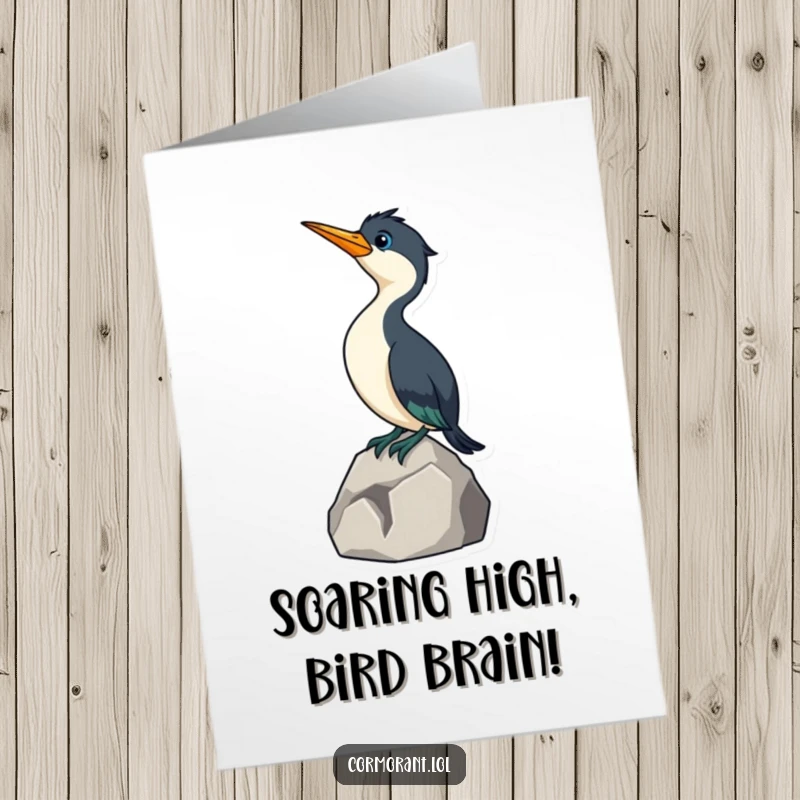 Funny Free Printable Congratulations Card: Amused cormorant on rock, neck out, celebrating a big win together.