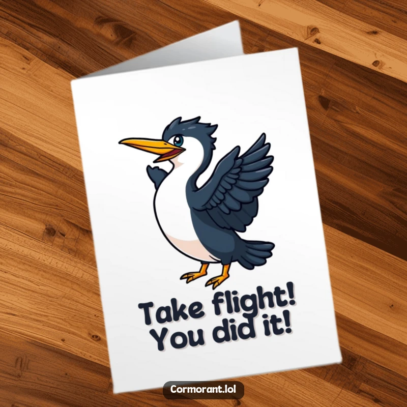 Funny Free Printable Congratulations Card featuring a cormorant mid-flap, wings spread wide, ready to soar into new achievements.