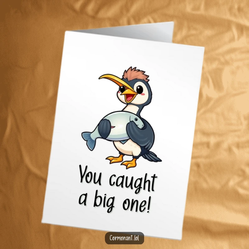 Free Printable Congratulations Card: A kawaii cormorant gleefully clutches a massive, shimmering fish, celebrating a significant achievement with pure joy.