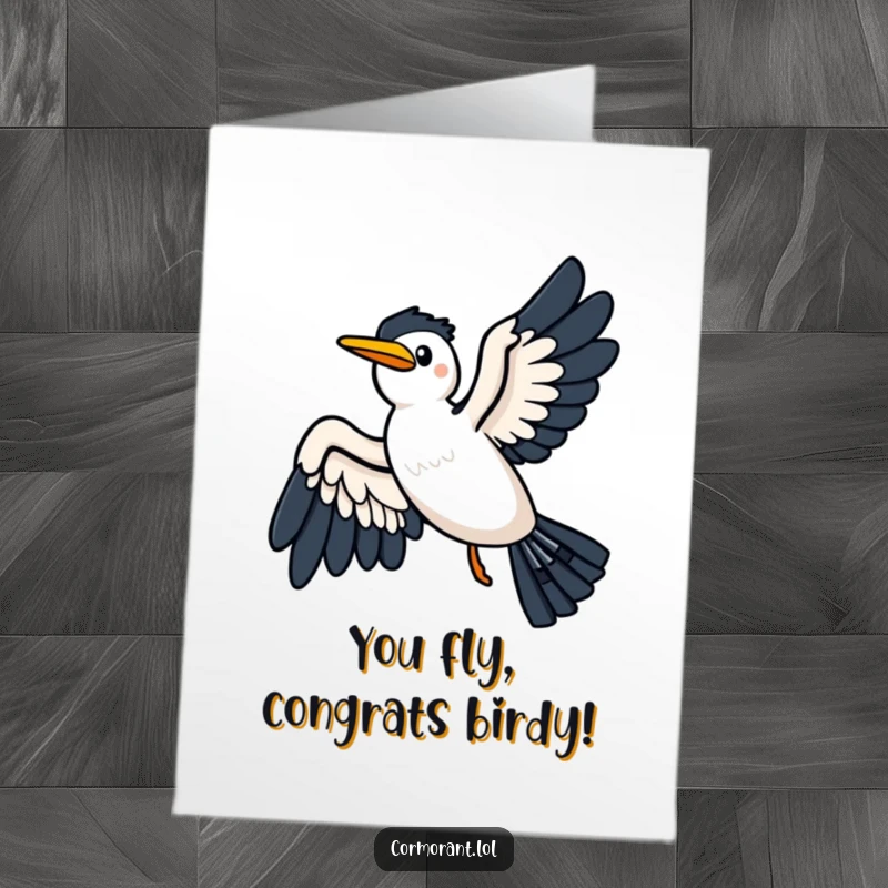 Funny free printable congratulations card: a kawaii cormorant glides with wings spread wide on a joyful breeze.