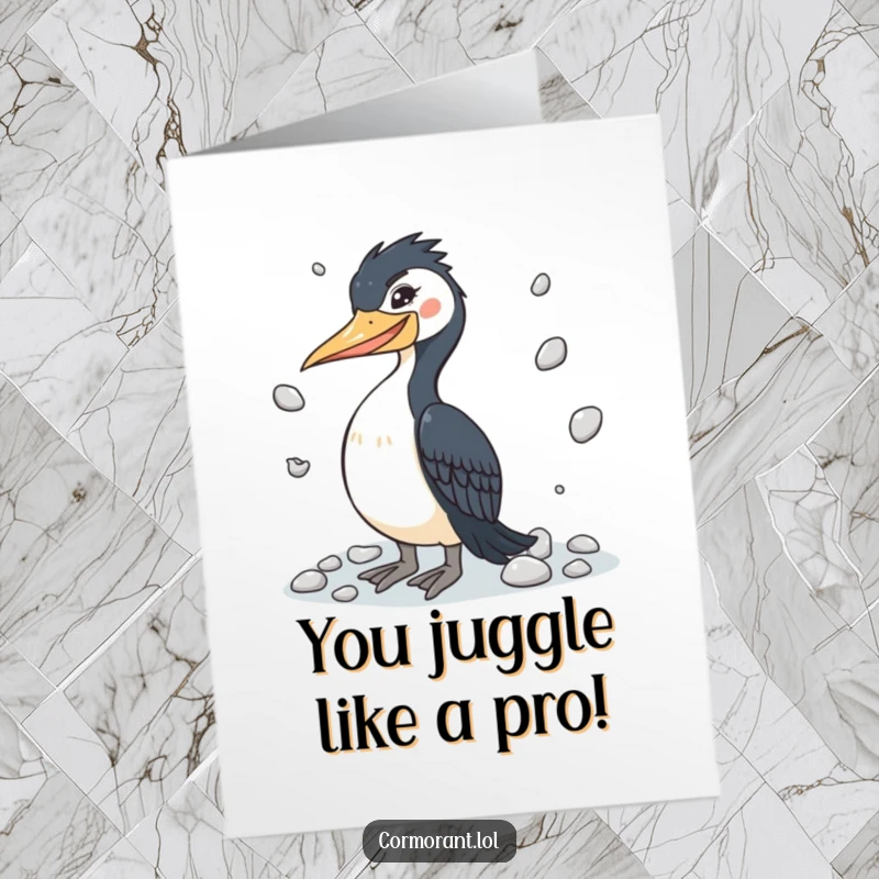 Funny Free Printable Congratulations Card of a winking cormorant juggling pebbles, celebrating impressive skills.