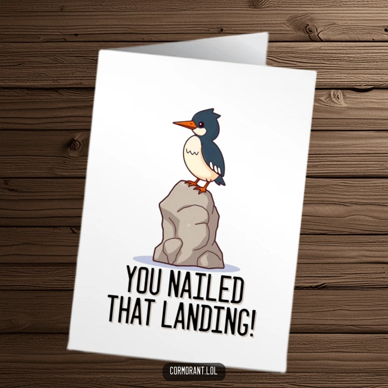 Funny Free Printable Congratulations Card: A kawaii cormorant finds stability balancing on a single, wobbly rock.