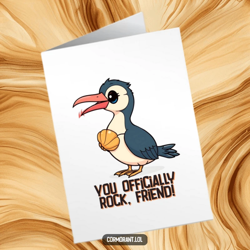 Humorous free printable congratulations card showing a cormorant captivated by a brightly colored seashell.