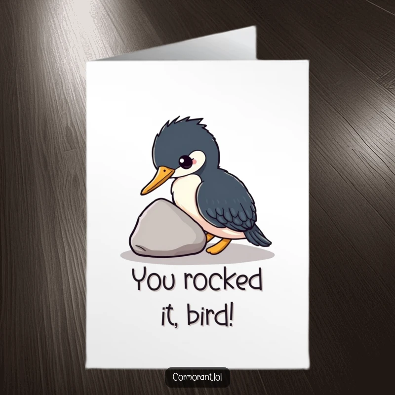 Funny Free Printable Congrats Card: Kawaii cormorant nudging stone, ideal for a unique, humorous, and memorable achievement card.