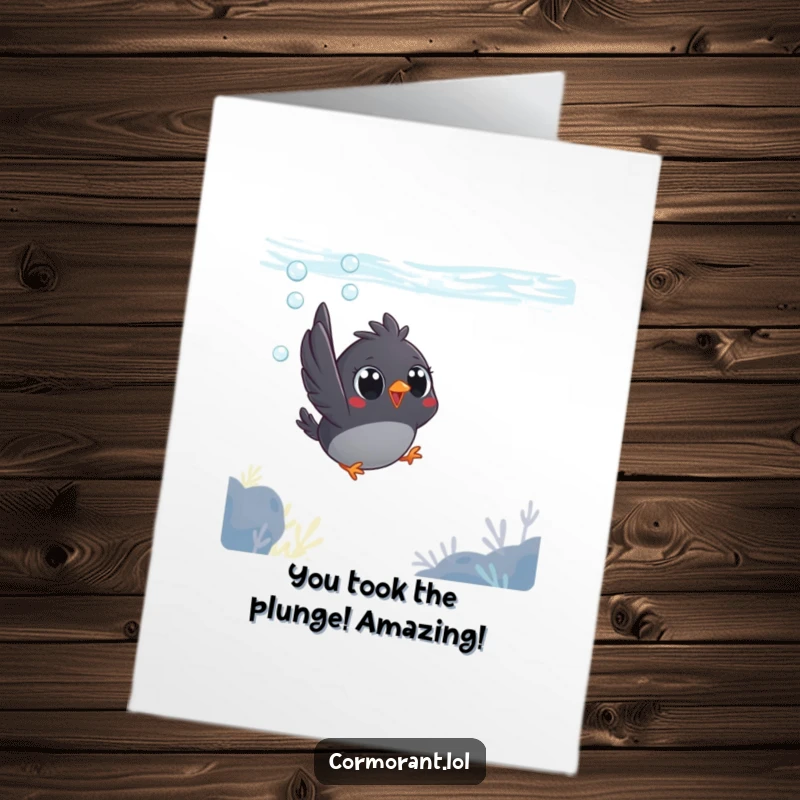 Free Printable Congrats Card: A small bird with big eyes joyfully diving headfirst into the water.