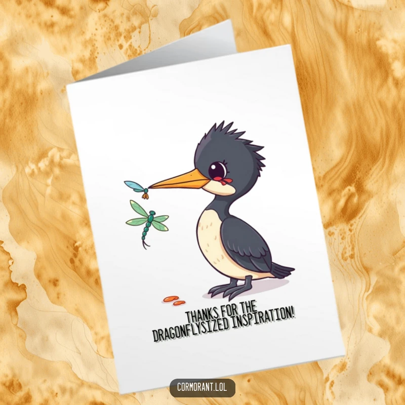 Funny Free Printable Thank You Card: Cormorant curiously observes a dragonfly. A unique and humorous way to say thank you.