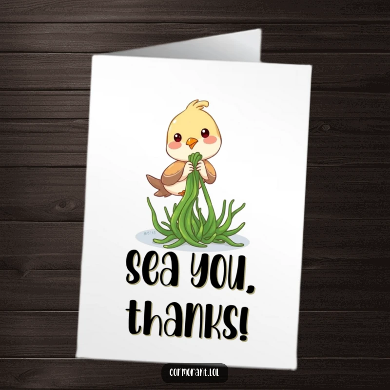 Funny Free Printable Thank You Card featuring a bird playfully tugging on seaweed, a quirky way to express thanks.