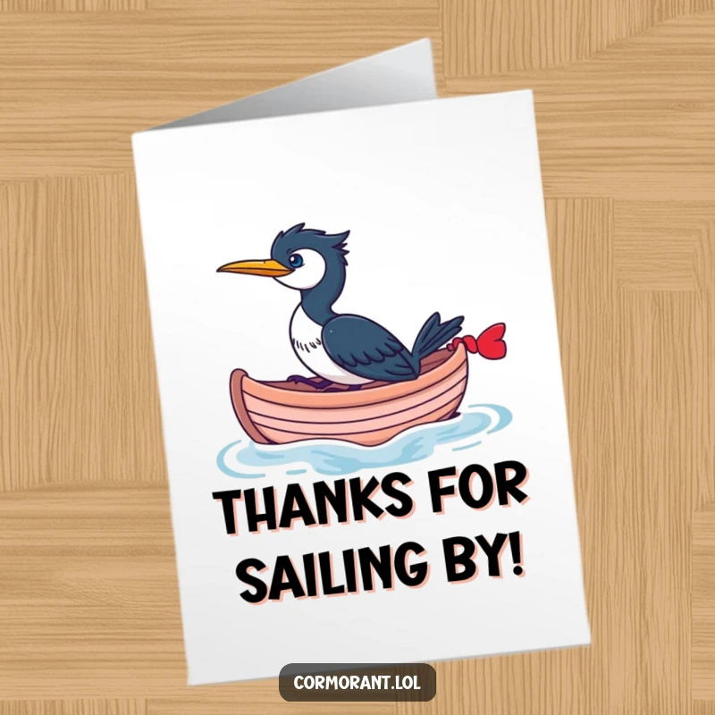 Funny Free Printable Thank You Card: A cormorant enjoying a whimsical boat ride on gentle waves.