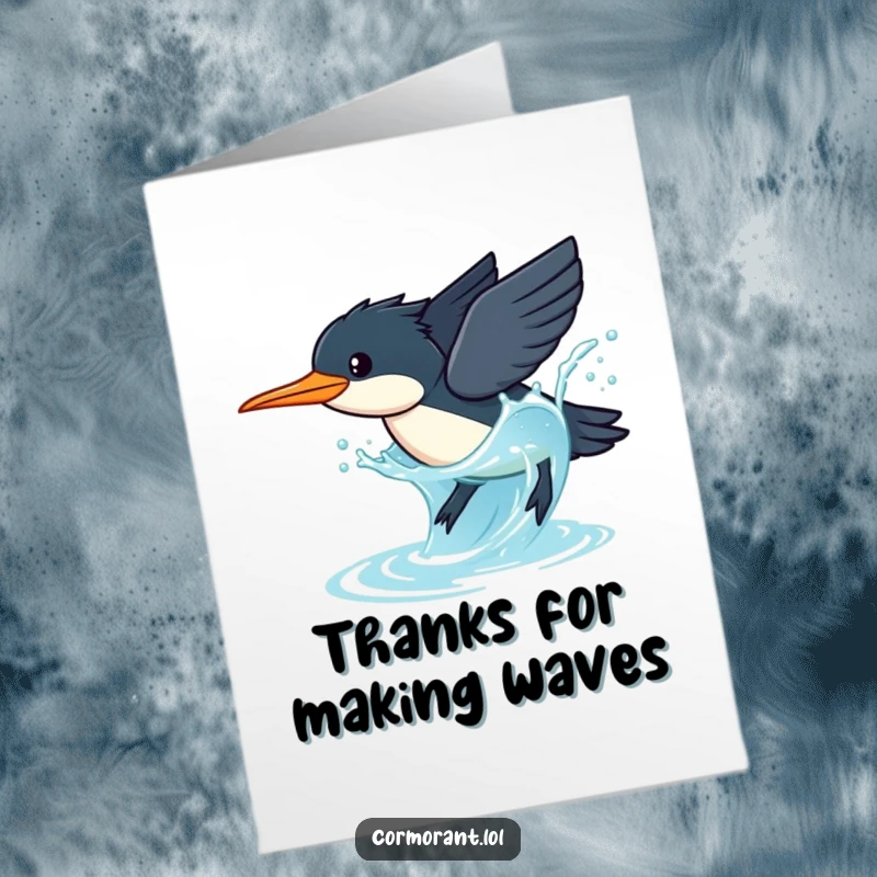 Funny Free Printable Thank You Card: A kawaii cormorant gracefully dives into sparkling blue water, creating a big splash.
