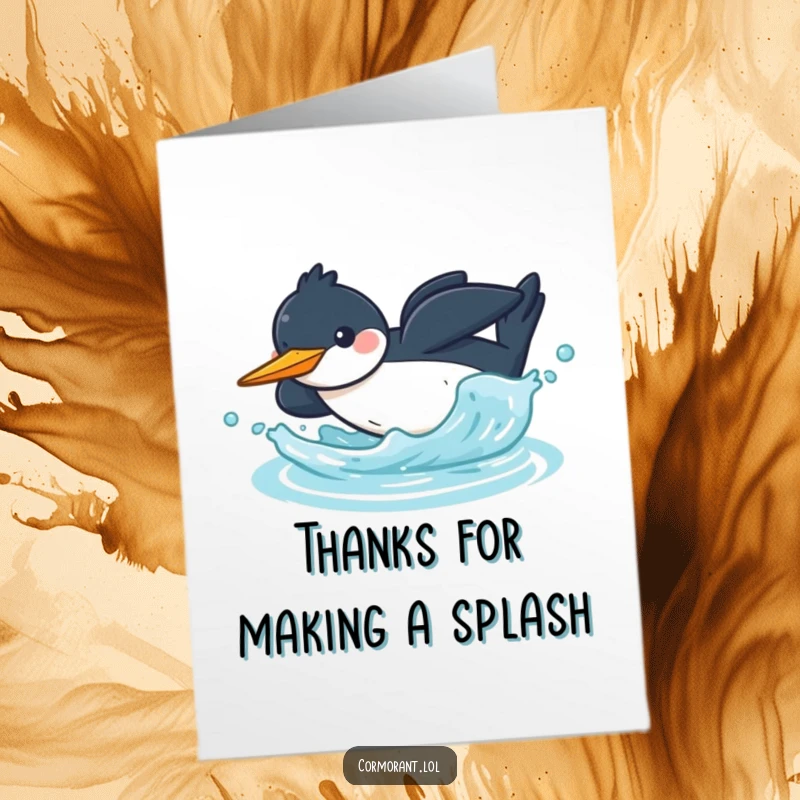 Funny Free Printable Thank You Card: A joyful kawaii cormorant performs an enthusiastic dive into the water, creating a big splash to convey heartfelt thanks.