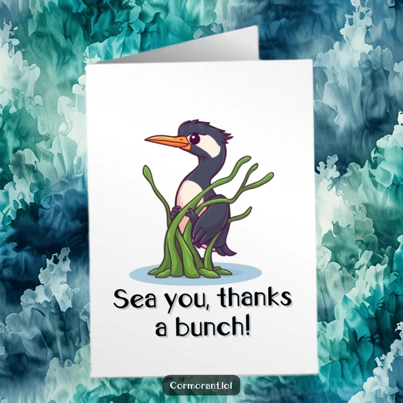 Funny free printable thank you card: A cormorant character peeks out from behind floating seaweed to say thanks.