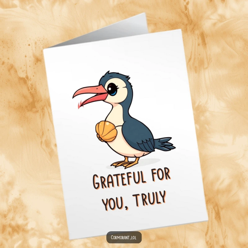 Funny free printable thank you card with a cormorant staring intently at a shiny, colorful seashell.