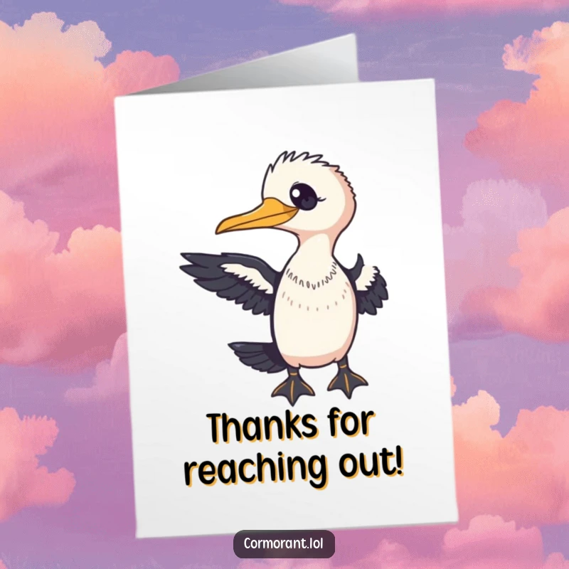Funny Free Printable Thank You Card: Friendly cormorant waving a wing, conveying gratitude with a warm, humorous touch.