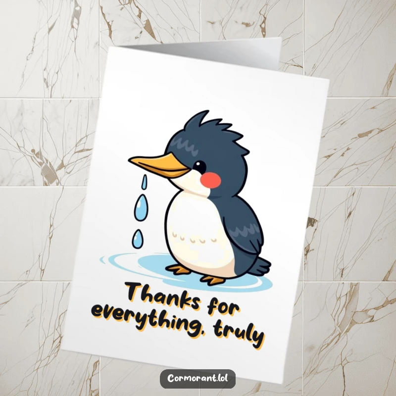 Funny free printable thank you card: a kawaii cormorant happily shaking water droplets from its head, cute and appreciative.