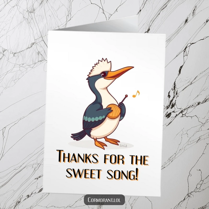 Funny Free Printable Thank You Card: A cormorant plays a happy, cheerful tune on a seashell.