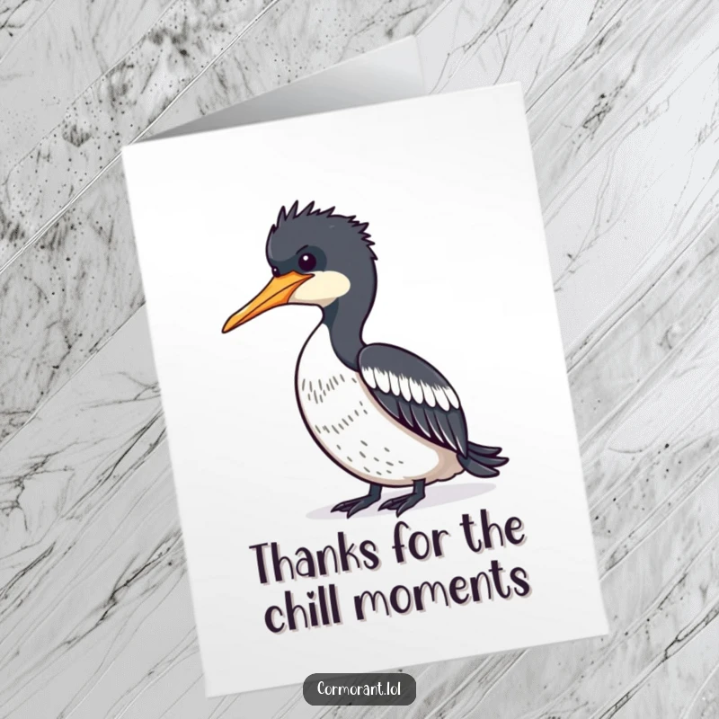 Funny Free Printable Thank You Card depicting a cormorant enjoying the sun, feathers outstretched, embodying peaceful gratitude and relaxation.