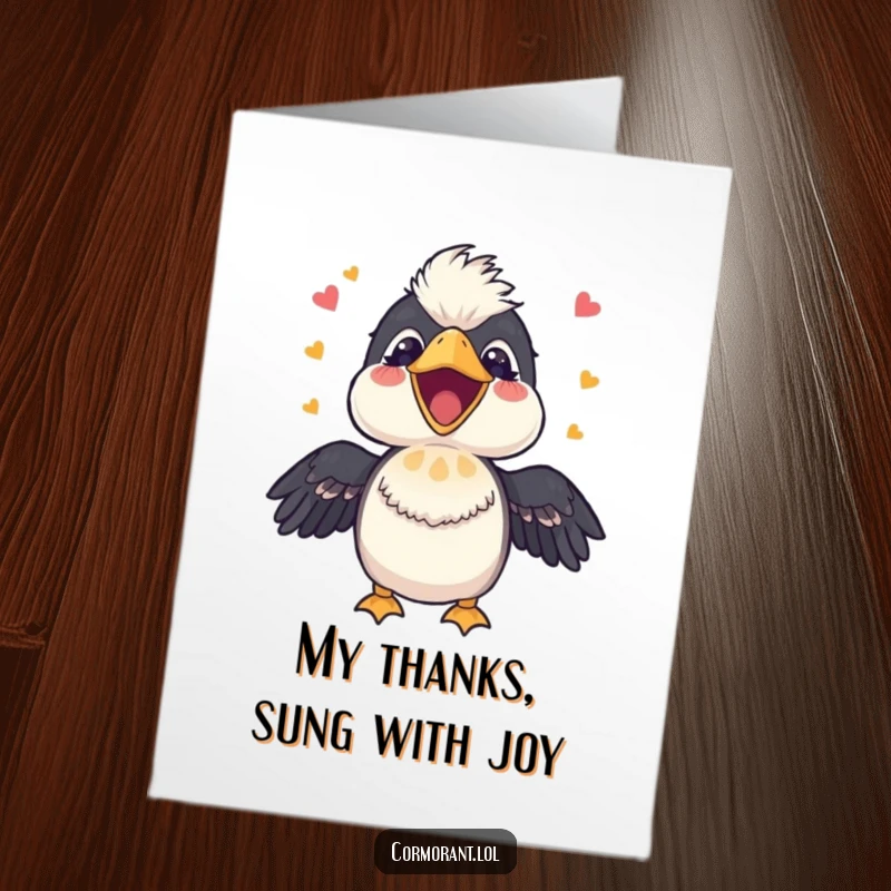 Funny free printable thank you card: A cormorant character sings a happy tune with its beak wide open.