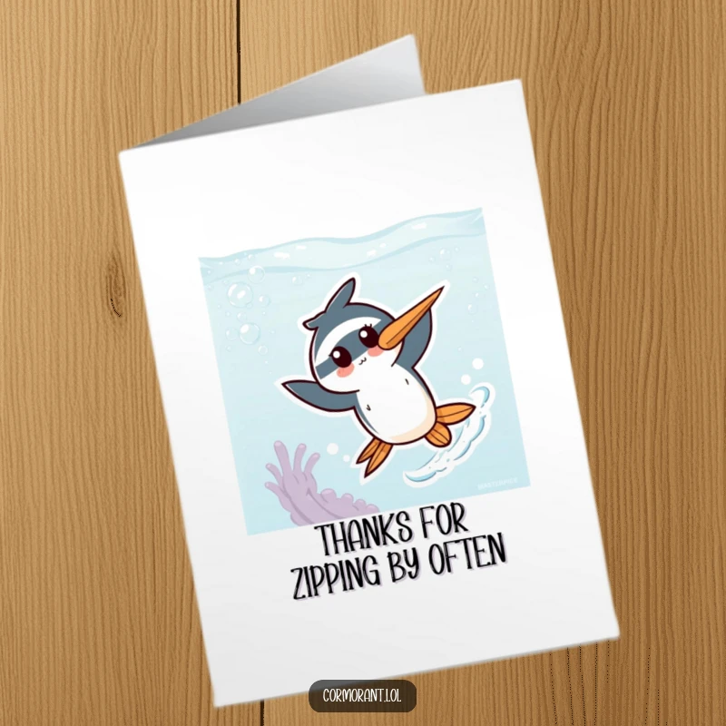 Funny free printable thank you card: A cute kawaii cormorant character zipping energetically through underwater elements.
