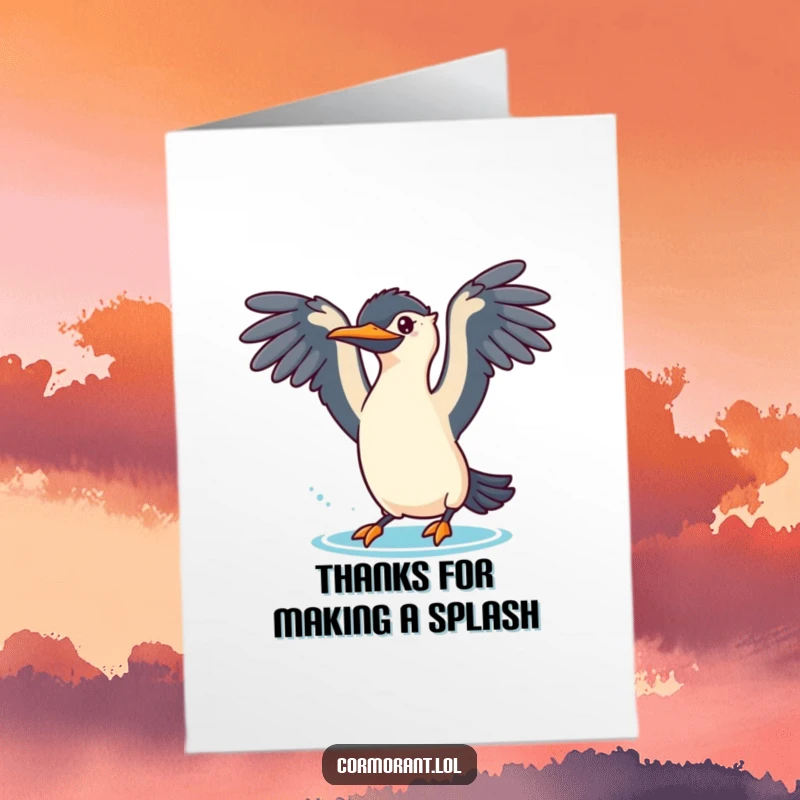 Funny free printable thank you card featuring a cormorant with wings spread, ready for a playful dive, conveying enthusiastic thanks.