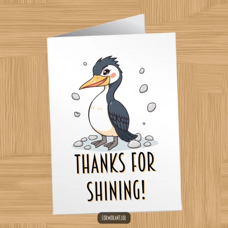 Funny Free Printable Thank You Card featuring a winking cormorant juggling pebbles, showing playful gratitude.