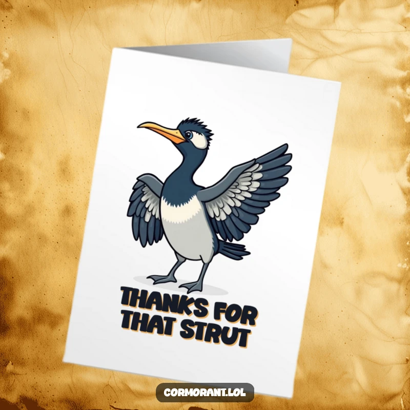 Funny Free Printable Thank You Card: A comical cormorant doing a funny strut with wings slightly spread, sending thanks.