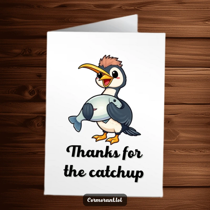 Funny Free Printable Thank You Card: A kawaii cormorant beams with pride, holding a large, dazzling fish in its beak as a token of gratitude.