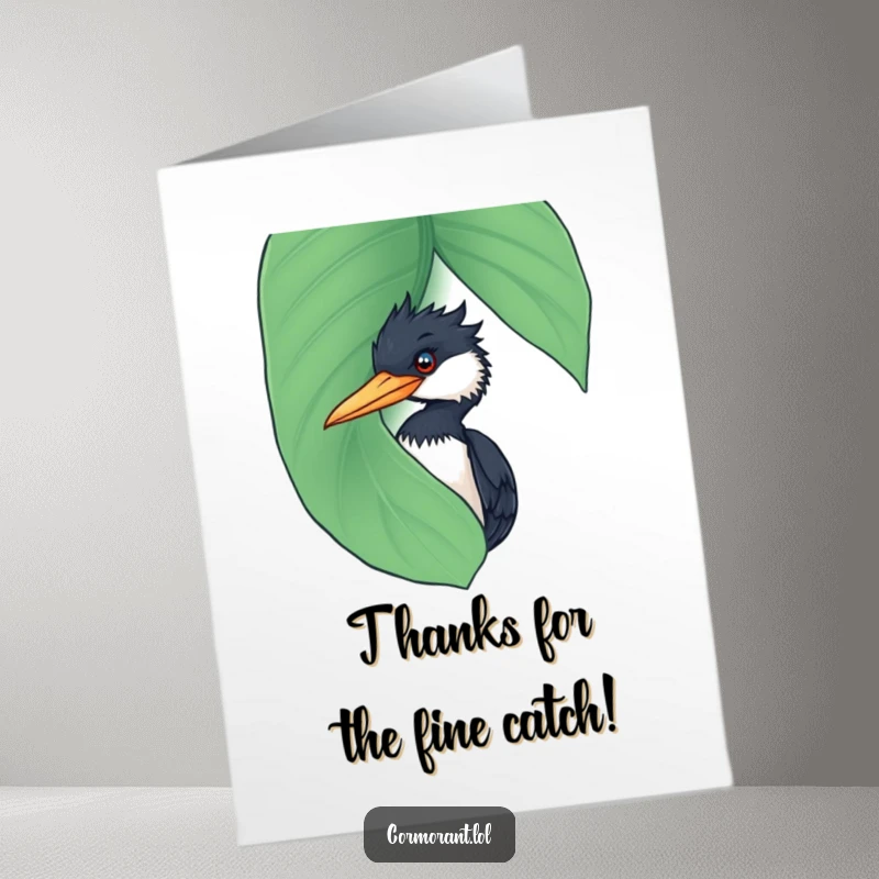 Funny Free Printable Thank You Card: Cormorant peeking from a giant wet leaf, offering a cheeky thank you. Unique and humorous.