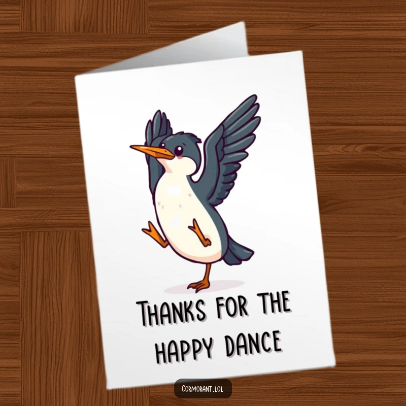 Funny Free Printable Thank You Card: A small, happy kawaii cormorant performs a delightful wing-flapping dance, expressing joy and sincere appreciation.