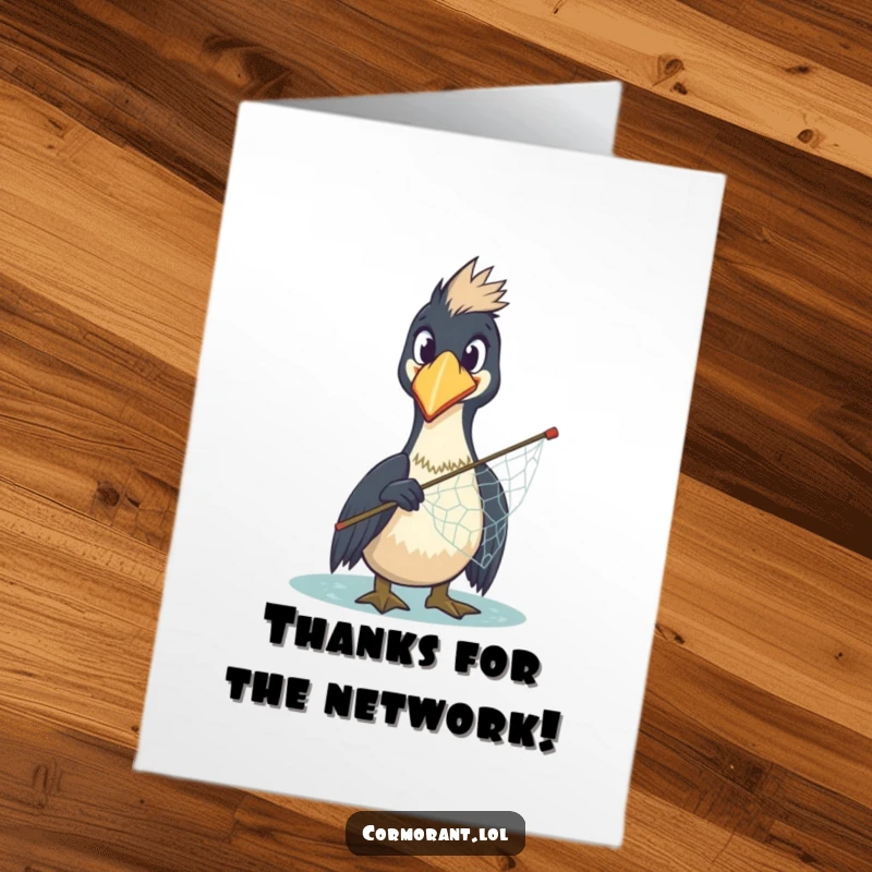 Funny Free Printable Thank You Card: a comically surprised cormorant holding a net expresses thanks.