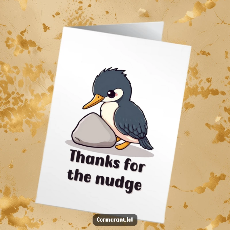Funny Free Printable Thank You Card: Kawaii cormorant nudging stone, a delightful and humorous way to express gratitude.